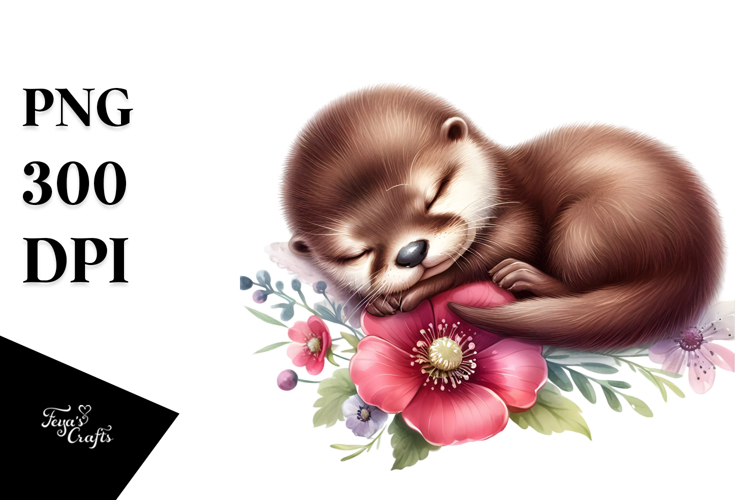 Digital Watercolor Baby Otter with Big Eyes, High-Res PNG