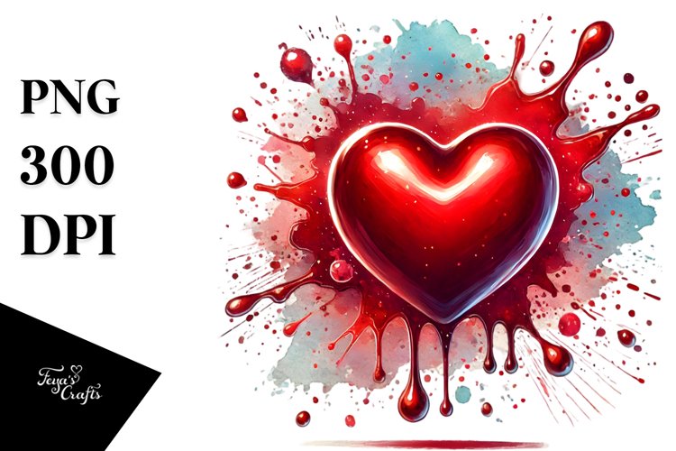 Red Glossy Heart Splashy Background Vibrant Shiny Watercolor