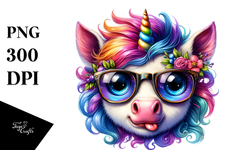 Vibrant Watercolor Baby Unicorn with Sunglasses, High-Res