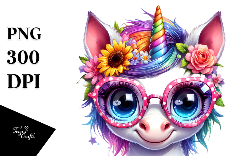 Vibrant Watercolor Baby Unicorn with Sunglasses, High-Res