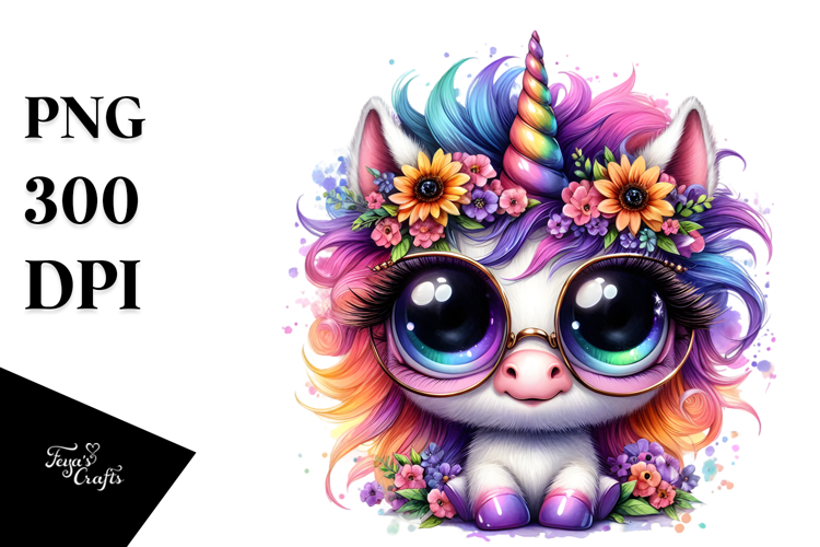 Vibrant Watercolor Baby Unicorn with Sunglasses, High-Res