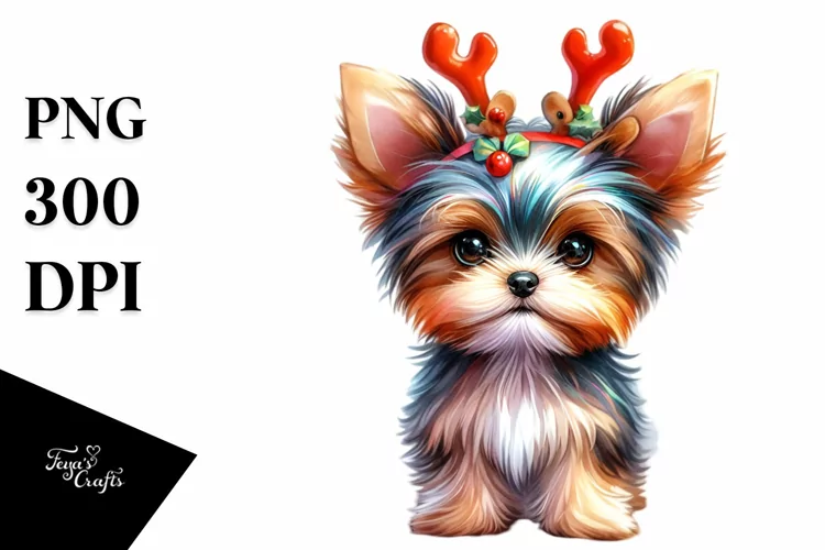 Baby Yorkshire Terrier with Reindeer Horns PNG