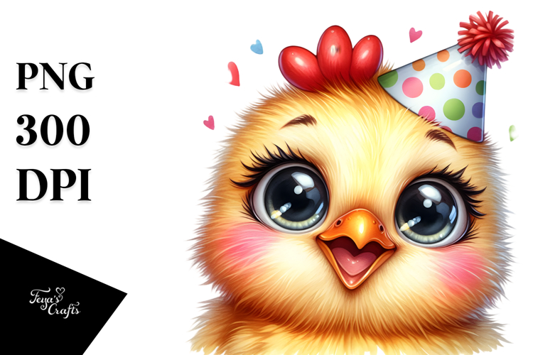 Cheerful Baby Chicken with Party Hat, PNG