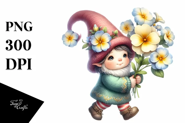 Cute Baby GNOME with Primrose Floral Ornament PNG