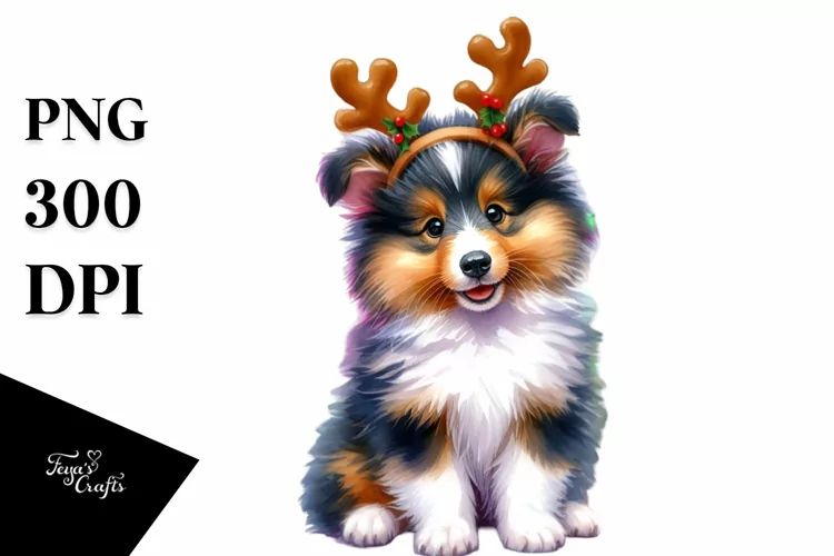 Baby Collie with Reindeer Horns PNG