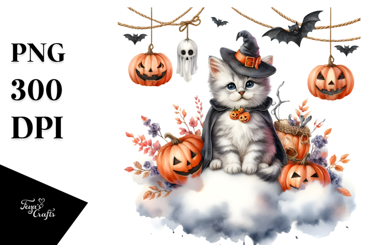 Watercolor Kitten Dressed for Halloween Sitting on Cloud PNG