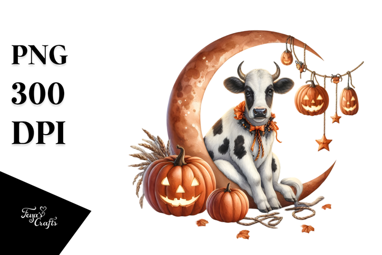 Halloween Cow on Half Moon PNG