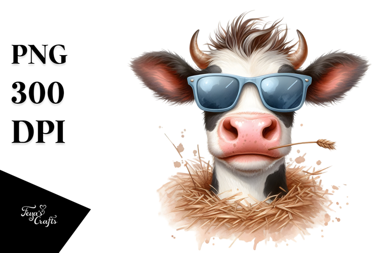Funny Cow with Cool Hair and Hay Straw PNG