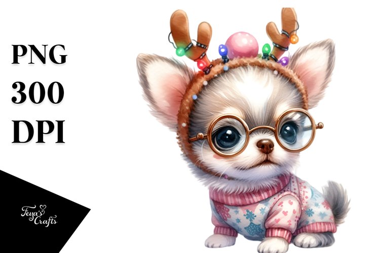 Baby Chihuahua with Reindeer Horns PNG