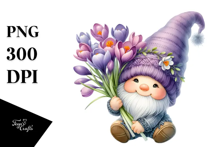 White Background Gnome with Crocus PNG