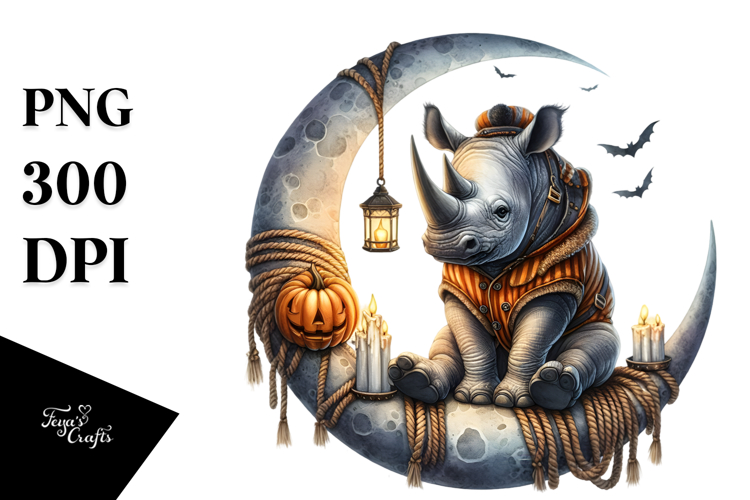 Watercolor Rhino Dressed for Halloween Sitting on Moon PNG
