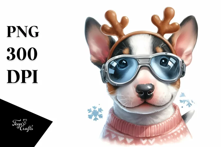 Baby Bull Terrier with Reindeer Horns PNG
