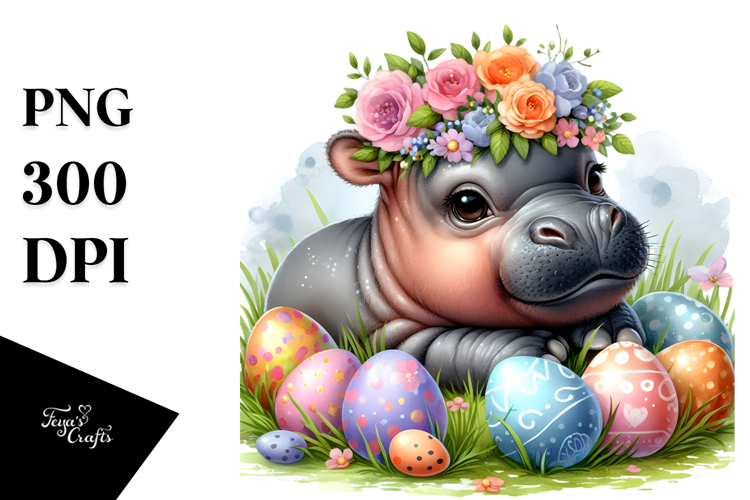 Baby Hippo among Easter Eggs PNG