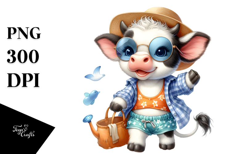 cute Baby Cow in Beachwear, PNG