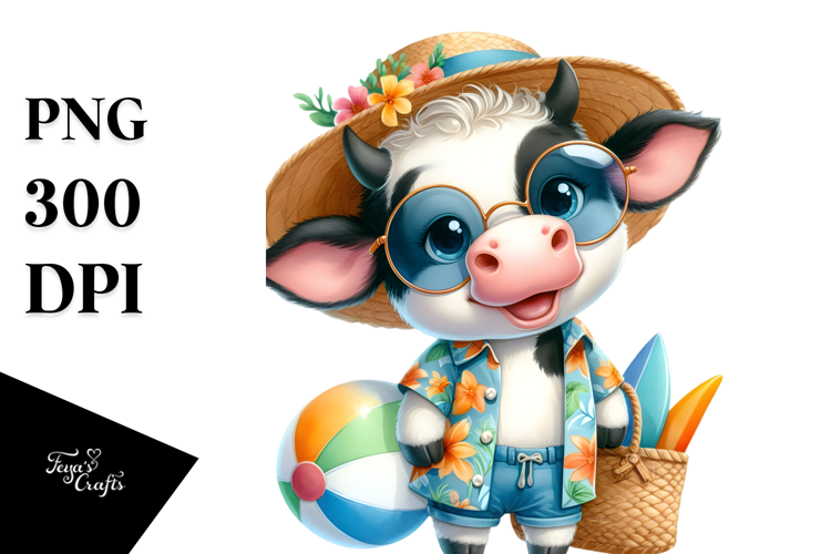 cute Baby Cow in Beachwear, PNG