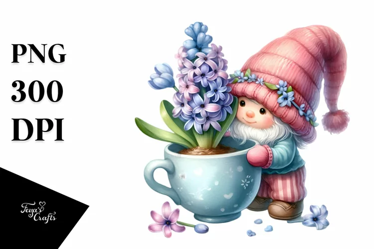 Cute Baby Gnome with Hyacinth, White Background