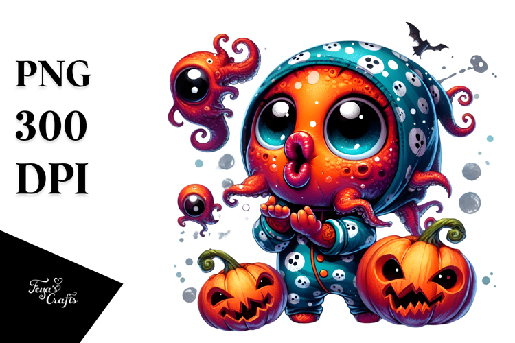 Tiny Kraken in Pajamas with Pumpkins PNG