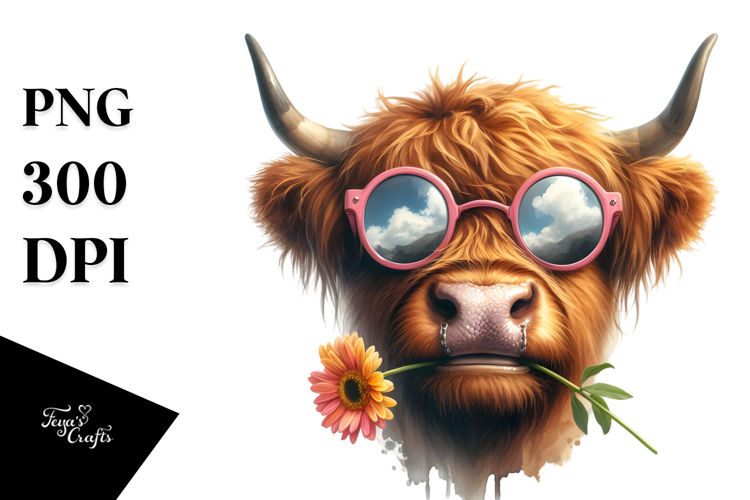 Highland Cow with Sunglasses and Flower in Mouth PNG