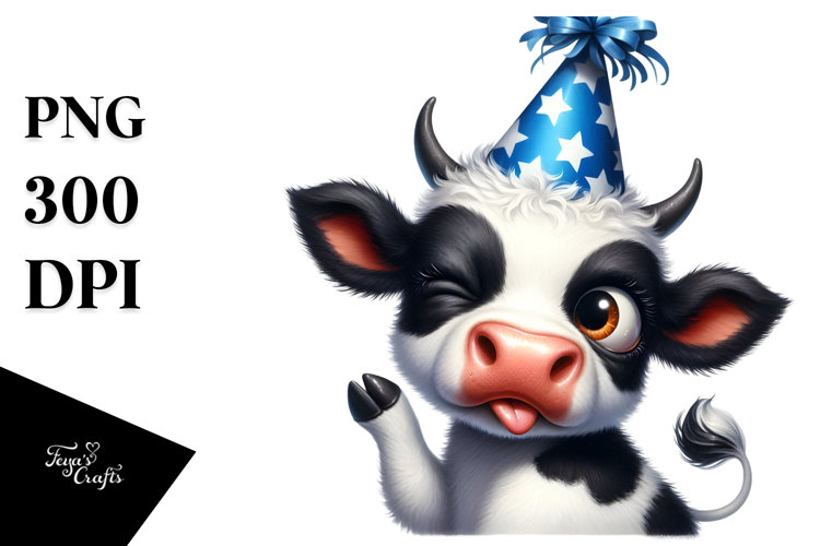 Holstein Cow with Party Hat, Cross-Eyed Pose PNG