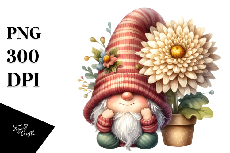 Cute Gnome with Chrysanthemum Floral Ornament PNG