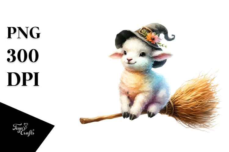 Colorful Baby Lamb on Witch Broom, Splash Sweet Pea |