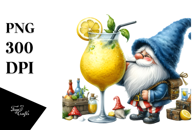 Whimsical Gnome with Cocktail, High-Res PNG