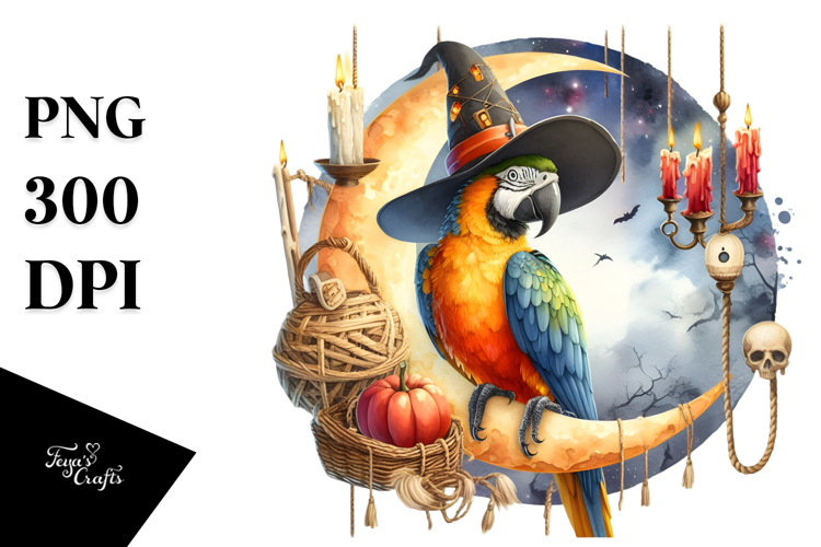 Watercolor Macaw Dressed for Halloween Sitting on Moon PNG