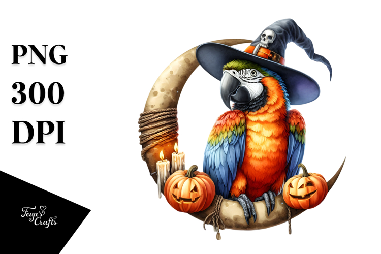 Watercolor Macaw Dressed for Halloween Sitting on Moon PNG