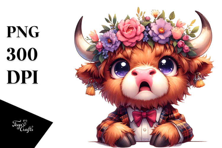 Highland Cow with Flower Crown PNG