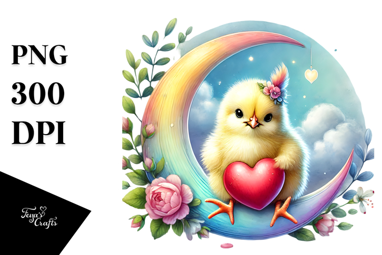 Colorful Baby Chicken on Moon with Heart, PNG