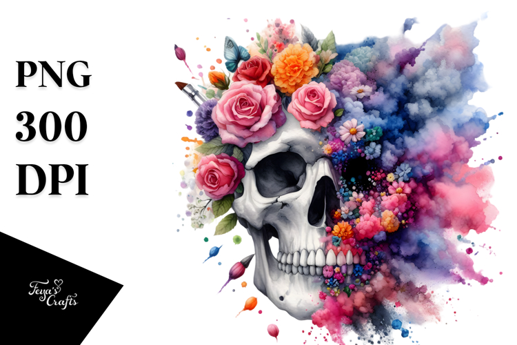 Colorful Skull with Spring Flowers and Cloud of Dust,