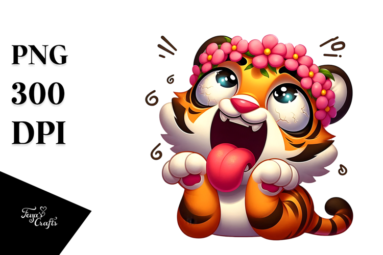 Silly Tiger with Flower Crown PNG