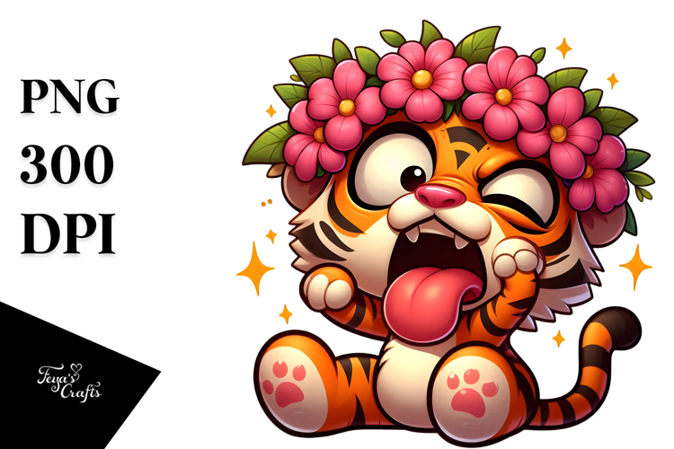 Silly Tiger with Flower Crown PNG