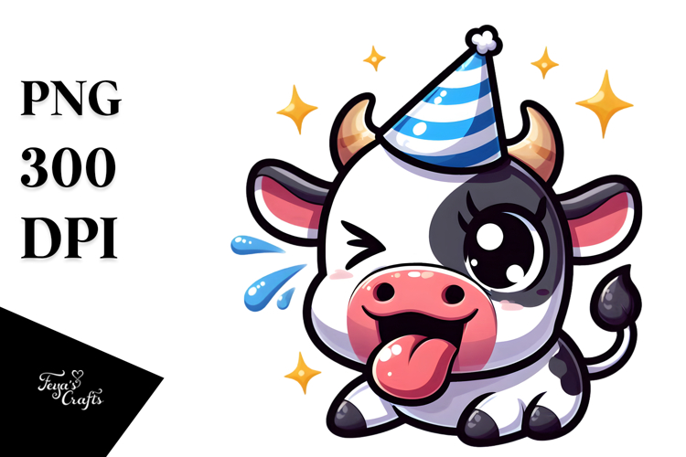 Happy Cartoon Cow with Party Hat PNG