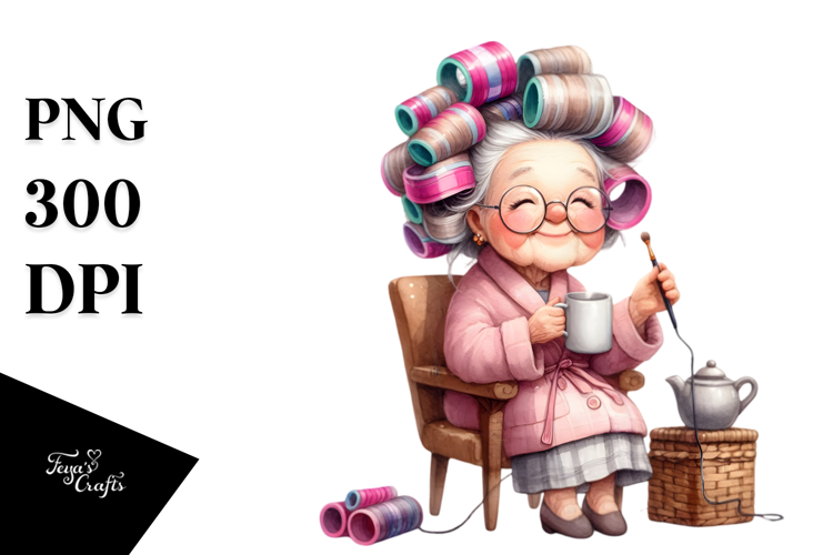 Old Lady Watercolor Sitting on Chair with Hair Curlers |