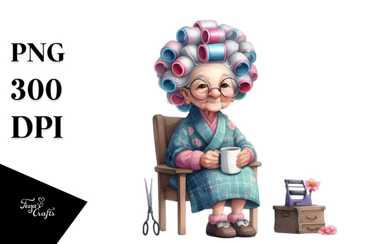 Old Lady Watercolor Sitting on Chair with Hair Curlers |