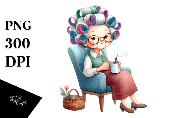 Old Lady Watercolor Sitting on Chair with Hair Curlers |