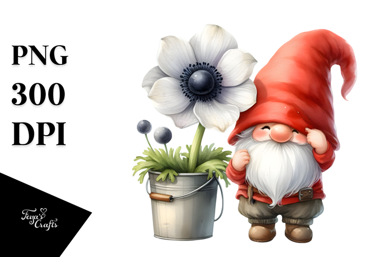 Cute Gnome with Anemone Floral Ornament PNG