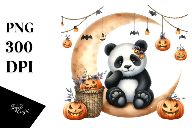 Watercolor Panda Dressed for Halloween Sitting on Moon PNG