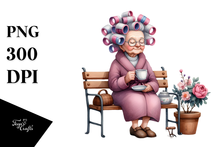 Old Lady Tea Cup Hair Curlers Clipart