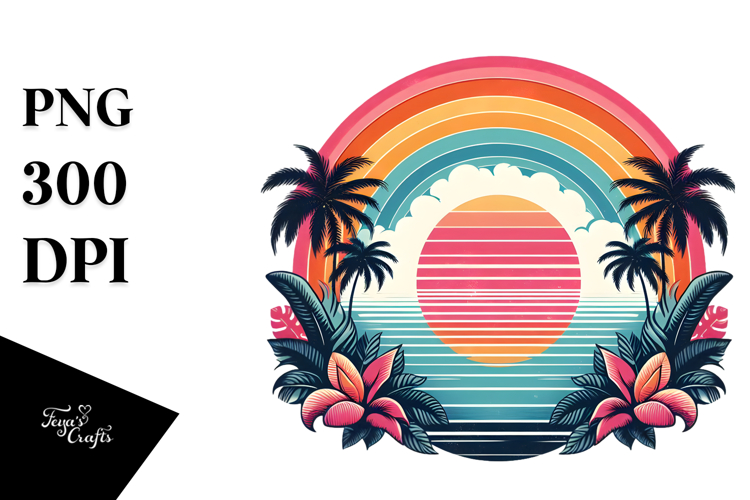Retro Tropical Rainbow Sunset, Clipart PNG