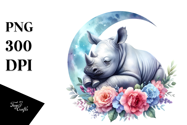 Vibrant Baby Rhino on Moon with Flowers Clipart