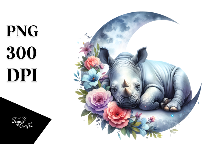 Vibrant Baby Rhino on Moon with Flowers Clipart