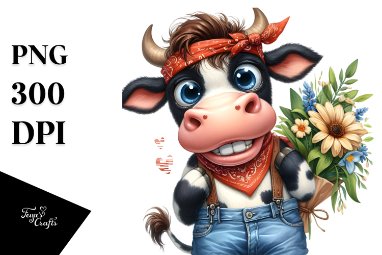 Watercolor Cow Big Eyes with Bandana Clipart