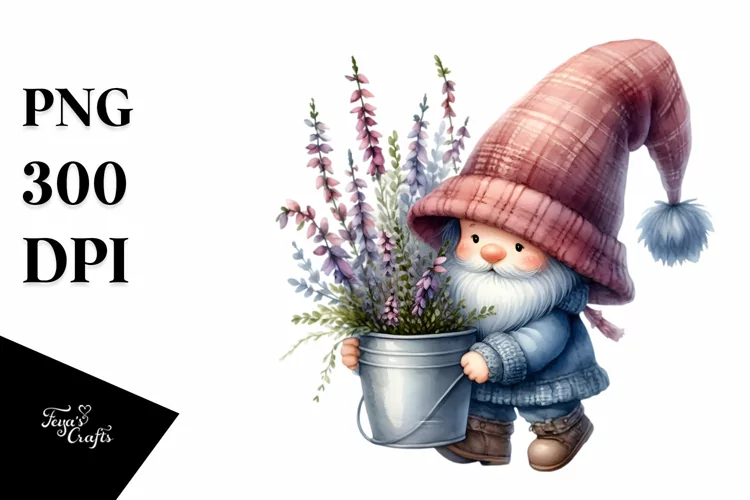 Cute Baby GNOME with Heather Bucket PNG