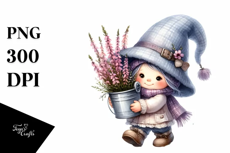 Cute Baby GNOME with Heather Bucket PNG