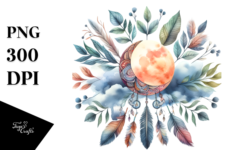 Vibrant Boho Moon with Foliage & Clouds