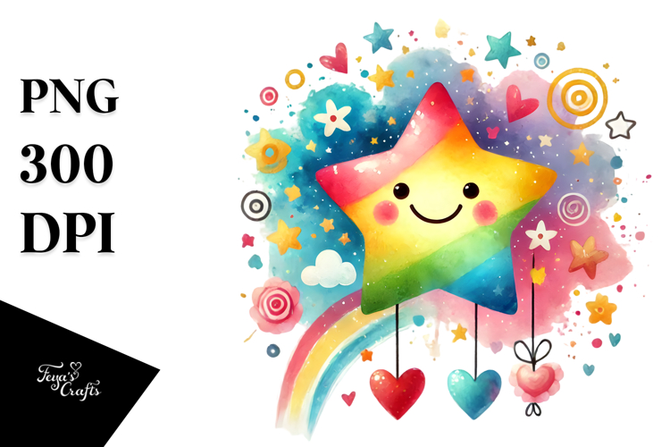 Smiling Star with Hearts, Watercolor PNG