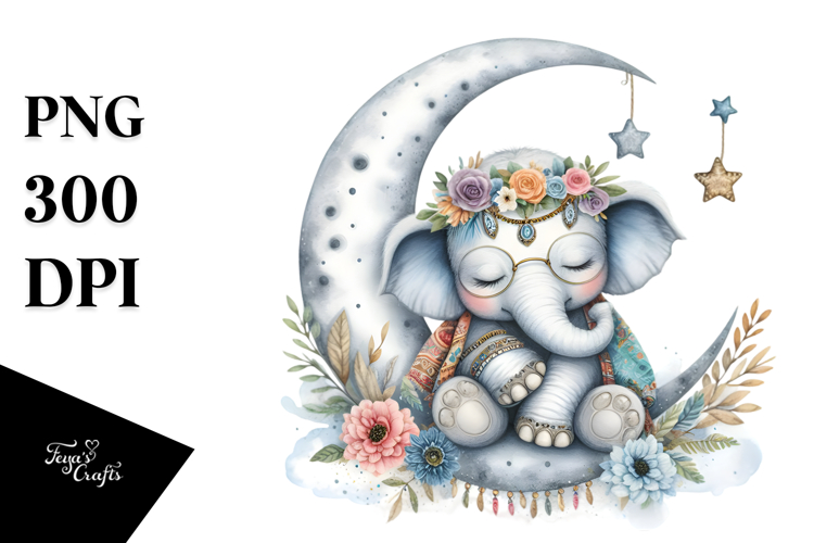 Watercolor Boho Baby Elephant Sleeping Moon