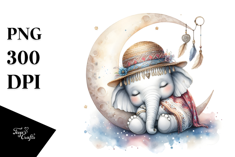 Watercolor Boho Baby Elephant Sleeping Moon